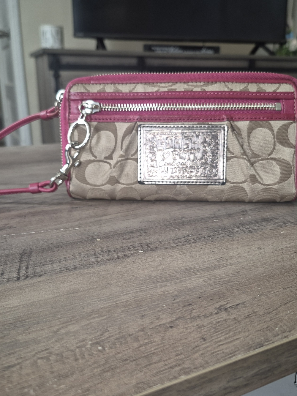 Coach Poppy 1941 Signature Canvas Wristlet. Taupe & Pink Trim.